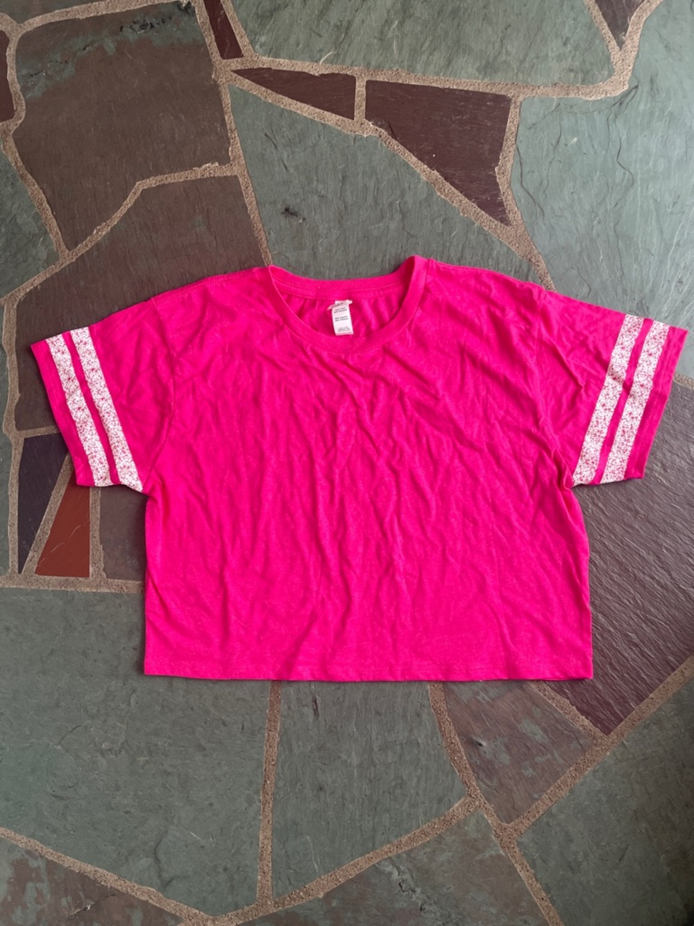 NWOTDistrict Hot Pink Short Sleeve Tee with Stripe Sleeves